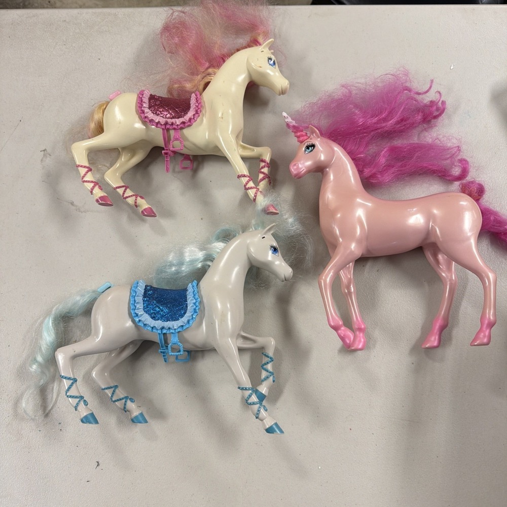 Mattel Barbie Princess Horse and Unicorn Figures Set of 3 Pink Blue White
